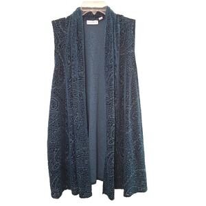Susan Graver‎ Velvet Burnout Vest Size Large Open Front Teal Blue Paisley Print
